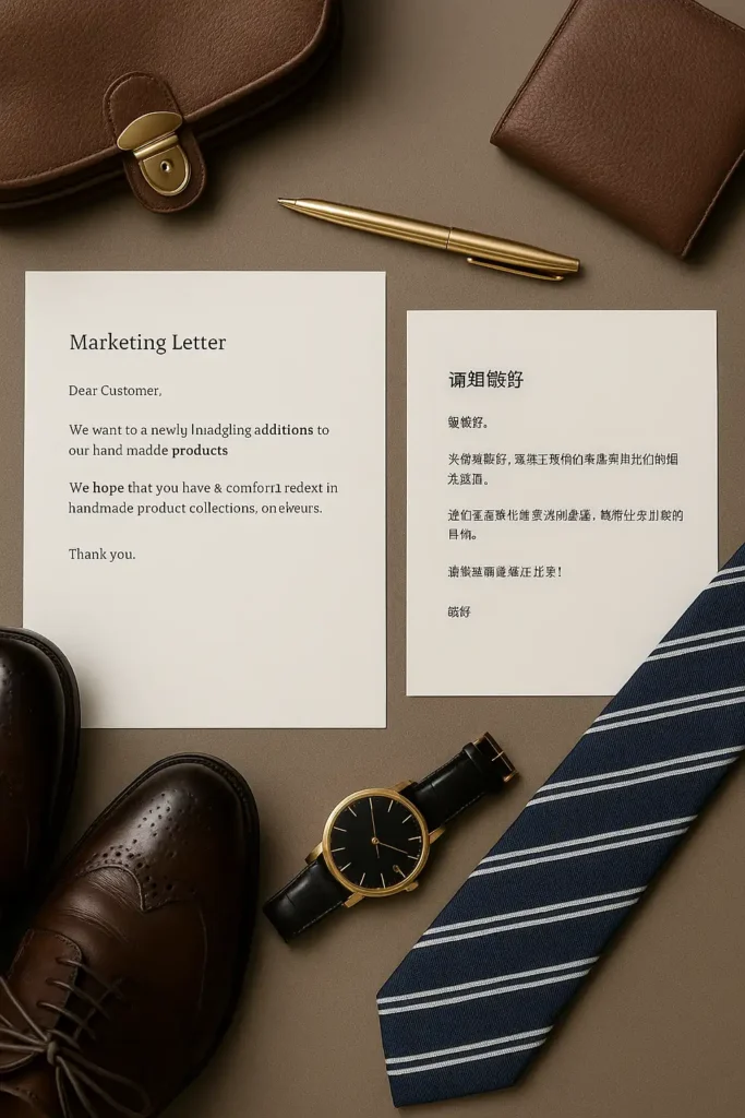 Laptop displaying English and Chinese marketing letters side by side, surrounded by luxury fashion elements, illustrating AZ-Loc’s professional Chinese fashion translation services.