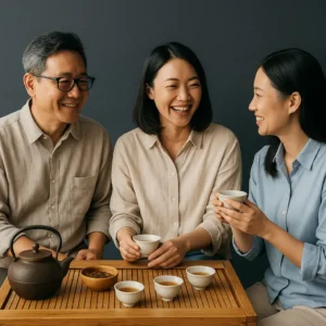 Chinese tea ceremony conversation scene illustrating how people naturally use idioms in daily life, symbolizing the cultural depth of language and the importance to Translate Idioms effectively.