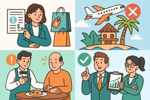 Cartoon illustration showing good and bad business practices—transparent pricing, avoiding hidden travel fees, admitting mistakes, and ethical communication—highlighting how transparency helps win client trust.