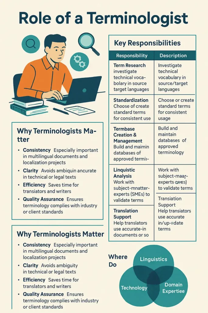 ChatGPT Image 2025年4月18日 12_43_23 Infographic showing a Terminologist working at a desk with key responsibilities listed, including term research, standardization, and termbase creation.