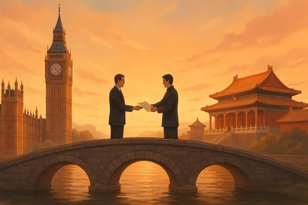 Digital illustration of a symbolic bridge connecting London’s Big Ben and Beijing’s Forbidden City, with two people exchanging documents respectfully—representing how to Translate across cultures with diplomacy, clarity, and respect.