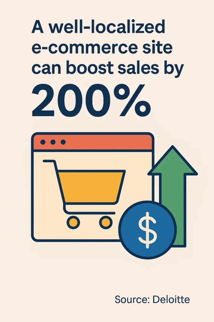 Infographic showing the statistic “A well-localized e-commerce site can boost sales by 200%,” featuring a stylized online shopping window with a yellow cart icon, green upward arrow, and blue dollar symbol. Source cited as Deloitte.