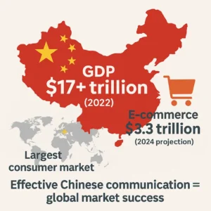 Infographic map of China with national flag overlay, showing GDP $17+ trillion in 2022 and projected e-commerce market of $3.3 trillion in 2024, emphasizing China as the largest consumer market and the need for effective Chinese translation to succeed globally.