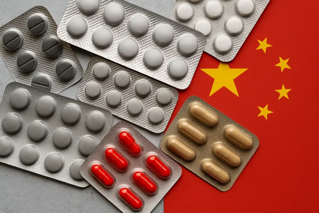 High-resolution image showing various blister packs of pills and capsules, representing China Pharma regulations, drug procurement policies, and the evolving pharmaceutical market in China.