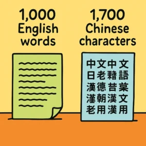 Cartoon-style DTP illustration comparing text density of 1,000 English words on a green sheet with wavy lines versus 1,700 Chinese characters on a blue sheet, showing how DTP layout must adjust margins to balance different languages.