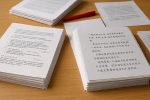 Stacks of edited papers in English and Chinese with red correction marks on a wooden desk, illustrating real-world Translation Projects and the quality review process.