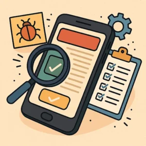 llustration of a smartphone testing process with magnifying glass, checklist, and bug icon, representing Chinese Mobile App testing and quality assurance steps.