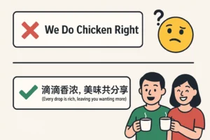 Chinese Translators comparing slogans – KFC’s poorly translated slogan causing confusion versus Maxwell Coffee’s well-translated Chinese slogan with happy coffee drinkers.