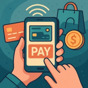 Illustration of Mobile Payments in China, showing a smartphone with a digital PAY button, credit card, shopping bag, and coin symbolizing modern Trends in China.