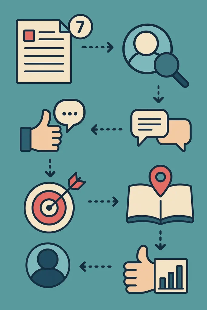 Infographic showing a 7-step process for selecting Chinese Translators, with icons of documents, magnifying glass, feedback bubbles, targets, and charts.