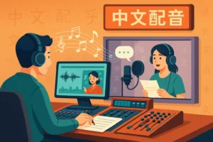 Colorful illustration of a Chinese dubbing studio, showing a voice actor recording with a microphone while musical notes and dialogue bubbles flow from an animated character on screen.