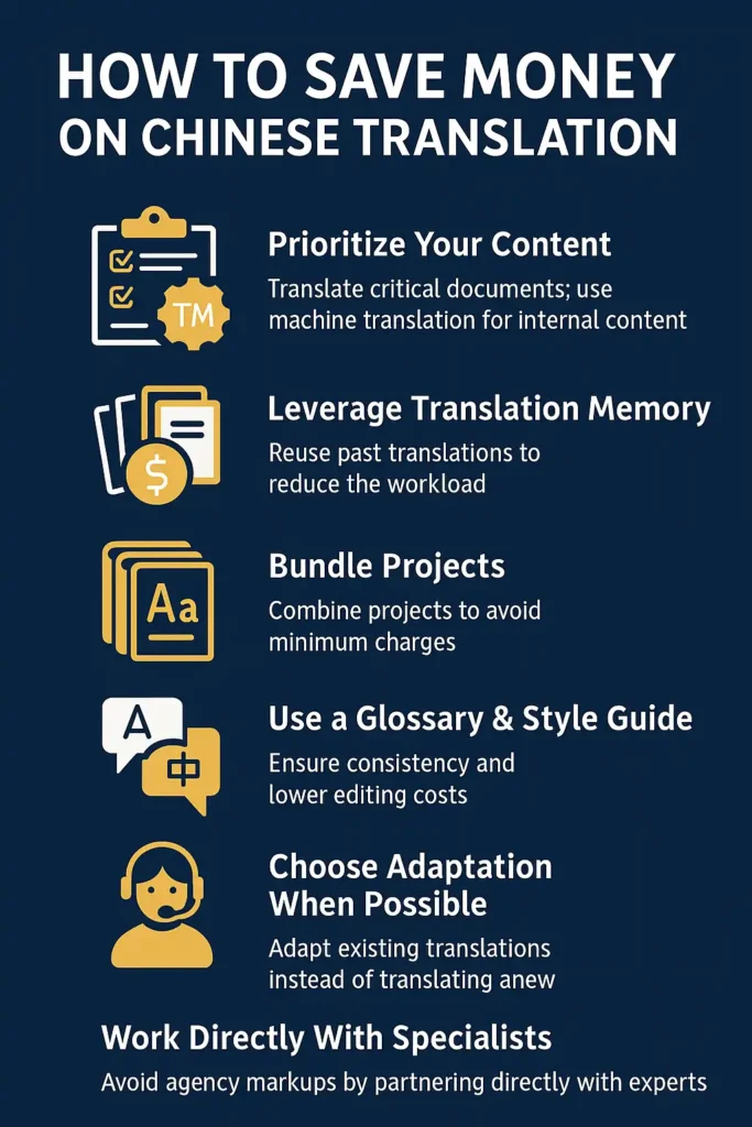 How to Save Money on Chinese Translation – infographic showing three practical tips: plan ahead with a clear brief, choose the right script (Simplified or Traditional), and use adaptation instead of full translation when possible, helping businesses reduce Chinese translation costs without losing quality.