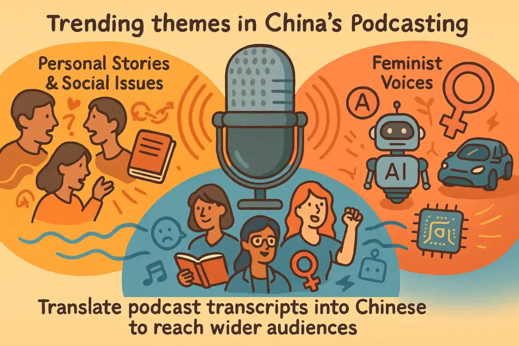 ChatGPT Image 2025年8月22日 10_42_58 Infographic showing a podcast microphone with three clusters—personal stories, feminist voices, and tech innovation—highlighting trending themes in China and why creators should translate podcast transcripts into Chinese to reach wider audiences