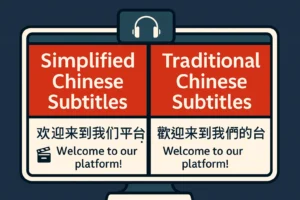 ChatGPT Image 2025年8月22日 12_25_19 Flat design infographic of a movie screen with Simplified Chinese Subtitles vs Traditional Chinese Subtitles, highlighting regional preferences in films and TV and their impact on Chinese Translation Cost.