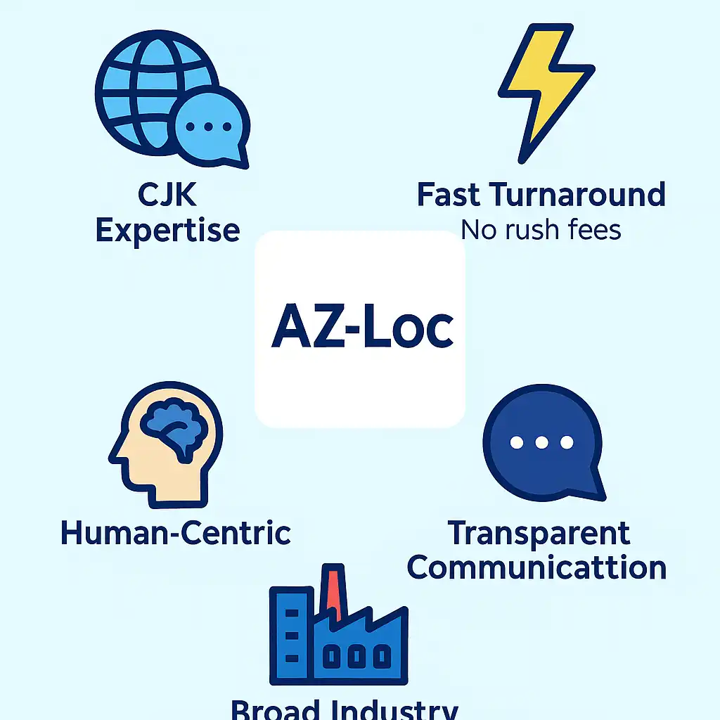 ChatGPT Image 2025年8月25日 13_13_14 Flat-style infographic showing AZ-Loc’s strengths—CJK language expertise, human translators, fast turnaround, and industry coverage—highlighting what sets AZ-Loc apart from other providers.
