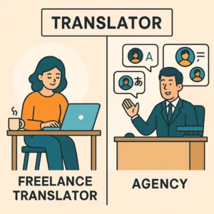 ChatGPT Image 2025年8月25日 15_23_51 Flat infographic comparing a freelance translator working alone with coffee, laptop, and books versus an agency project manager coordinating multiple translators on screens, showing differences in translation work styles.