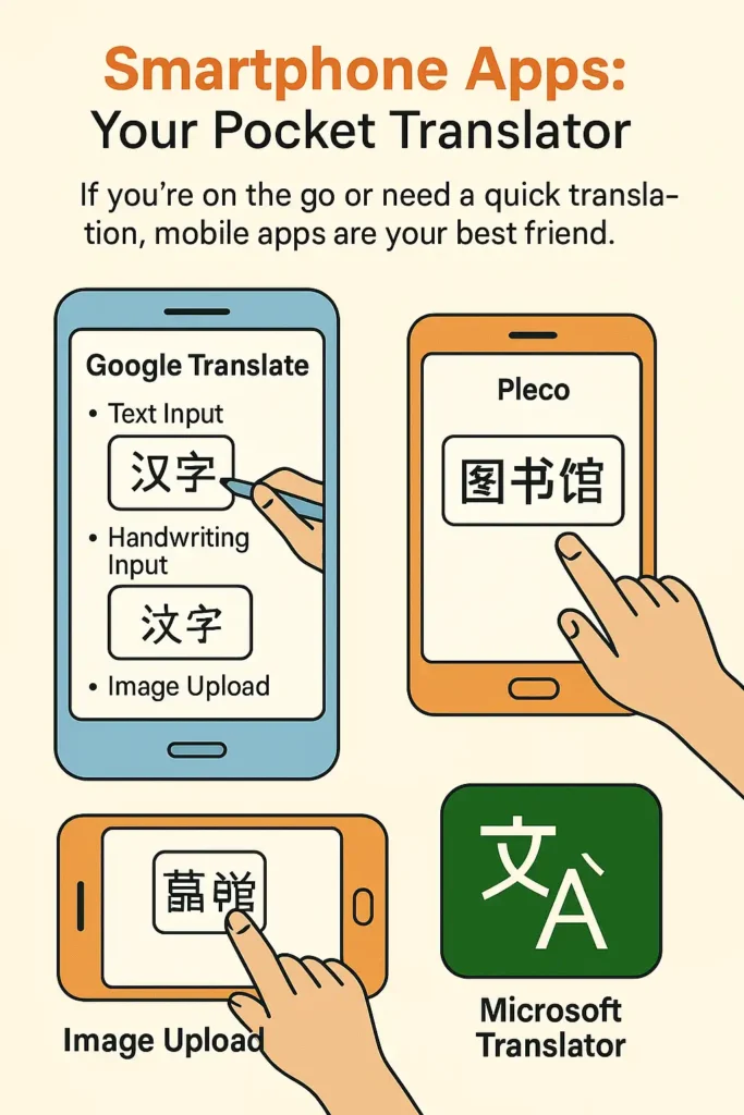 Colorful illustration showing translation app interfaces on smartphones, including Google Translate, Pleco, and Microsoft Translator