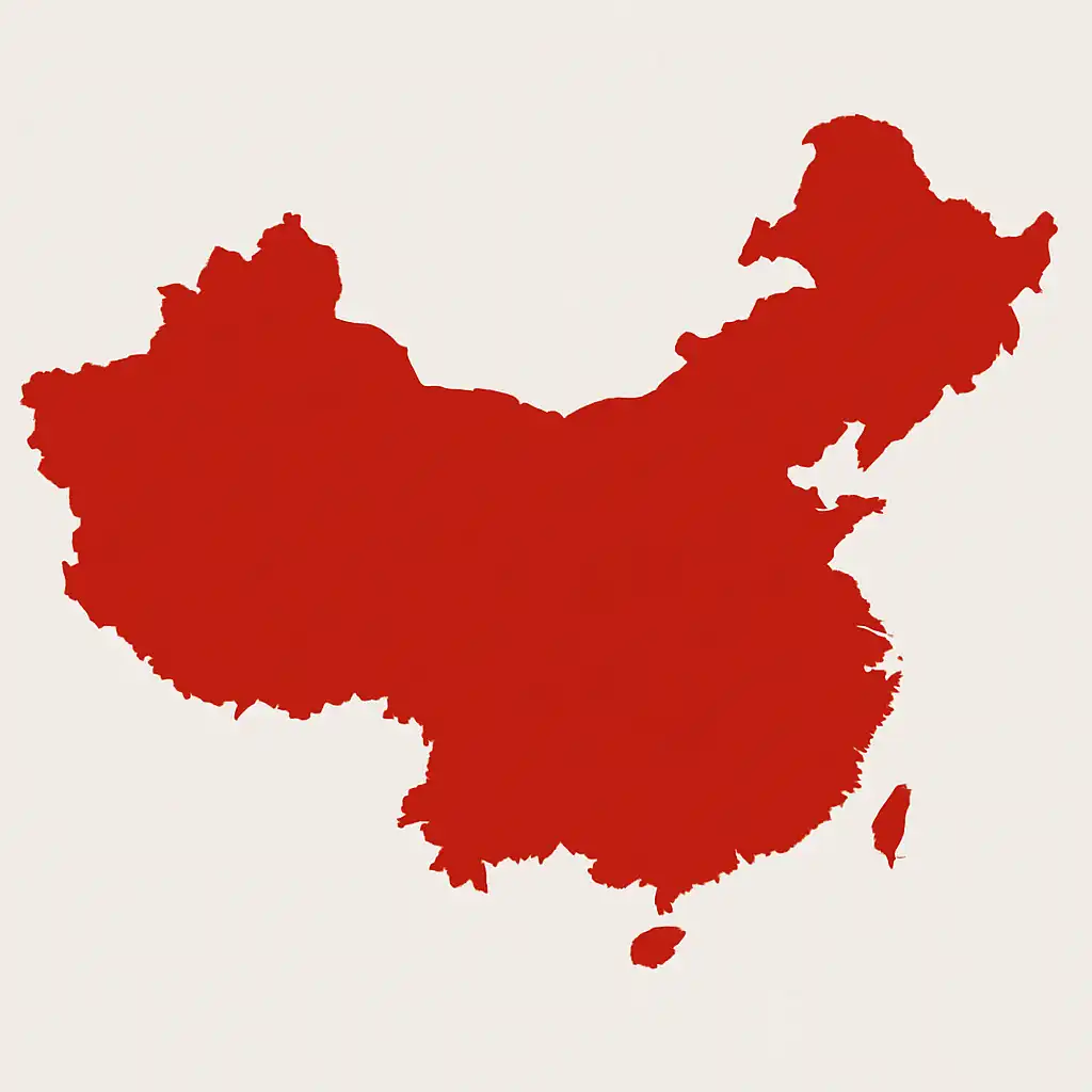 Red silhouette map of China on a white background, representing Chinese language and translation contex