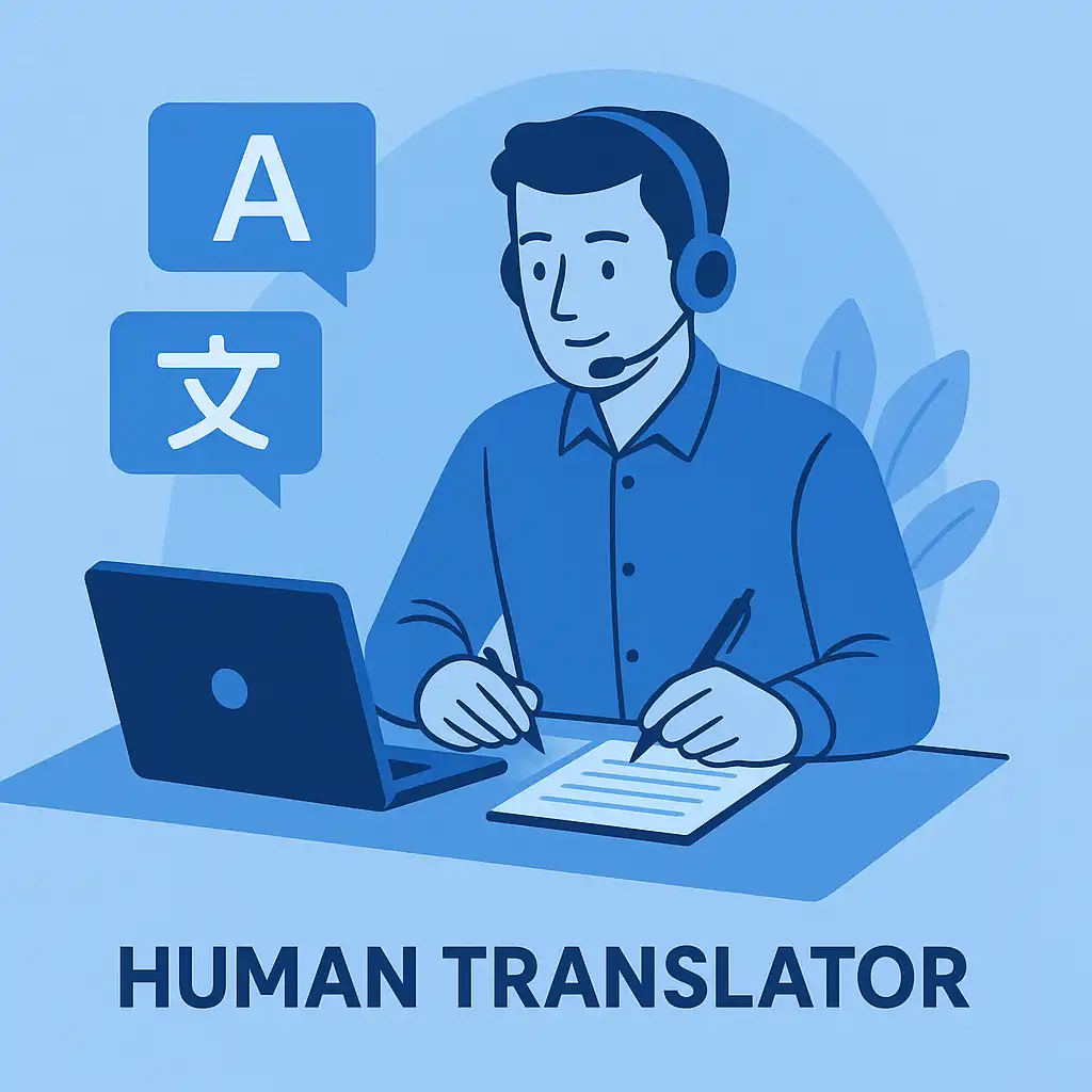 Blue-toned illustration of a professional translator wearing a headset and using a laptop, symbolizing human translation services