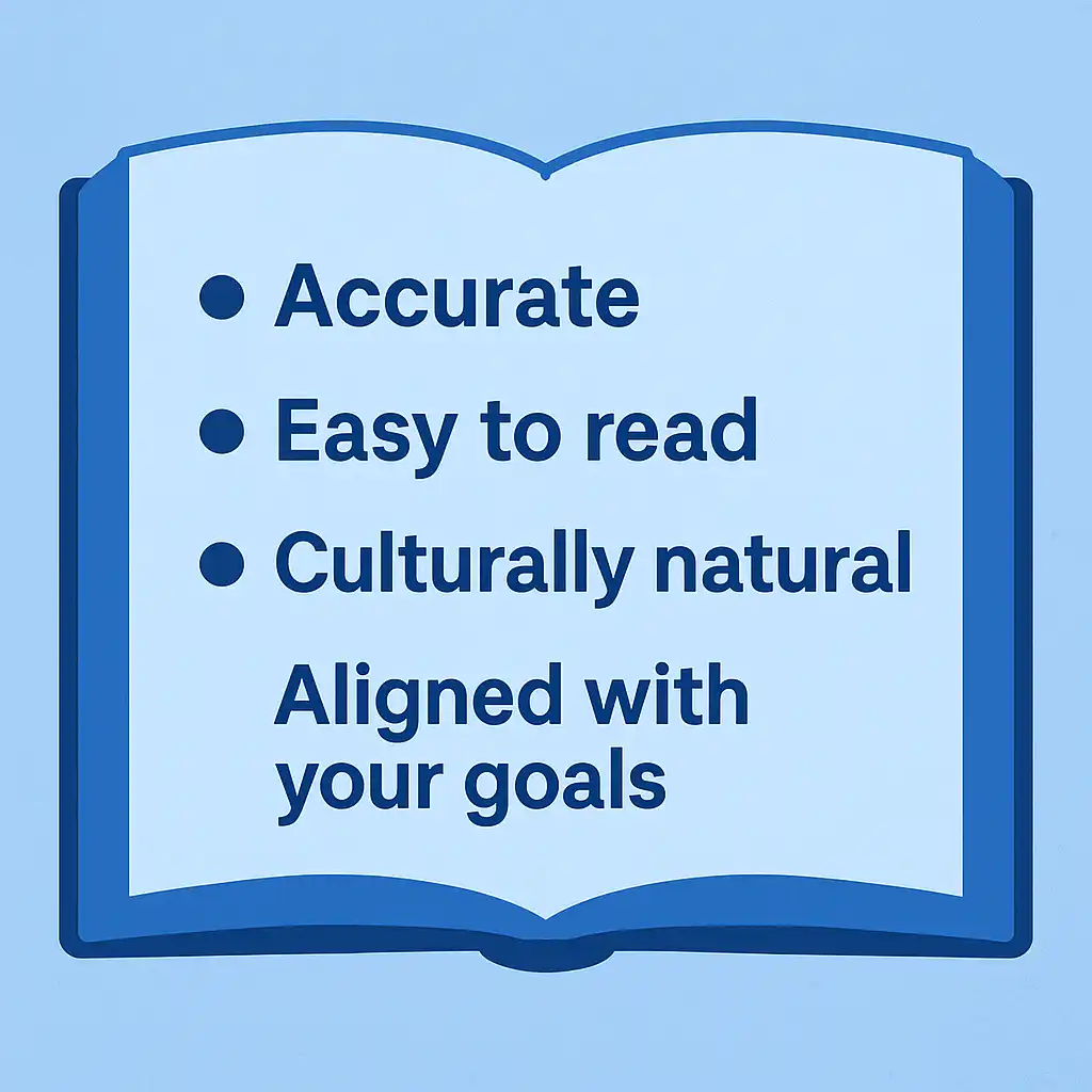 Open book illustration highlighting key qualities of good translation: accurate, easy to read, culturally natural, and goal-aligned