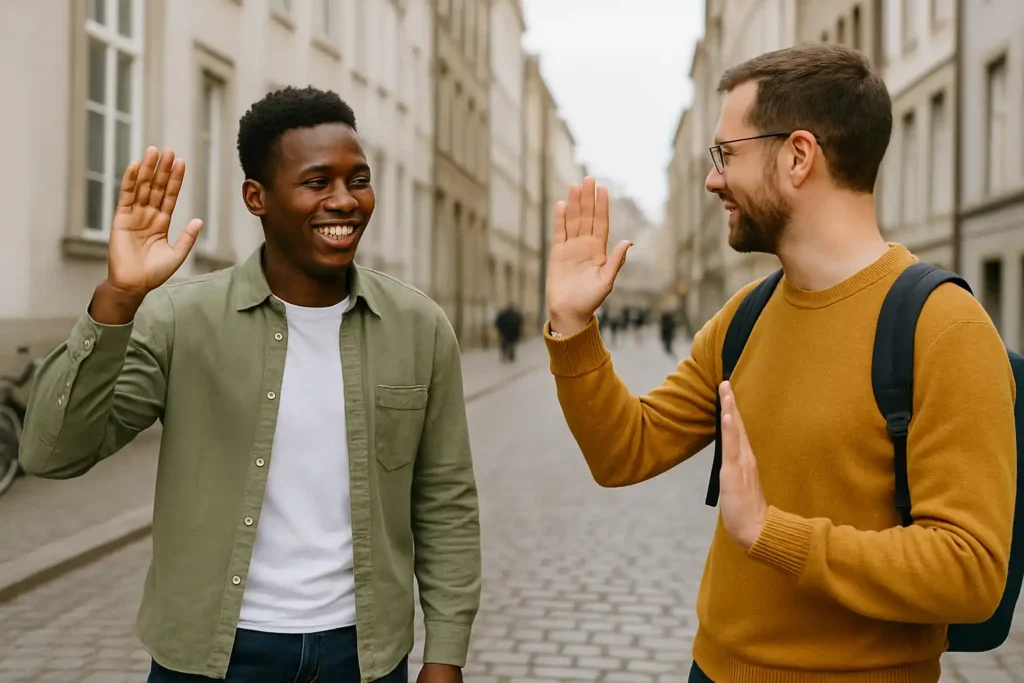 Two men greeting each other with raised hands on a cobblestone street, showing polite interaction before using a translation app