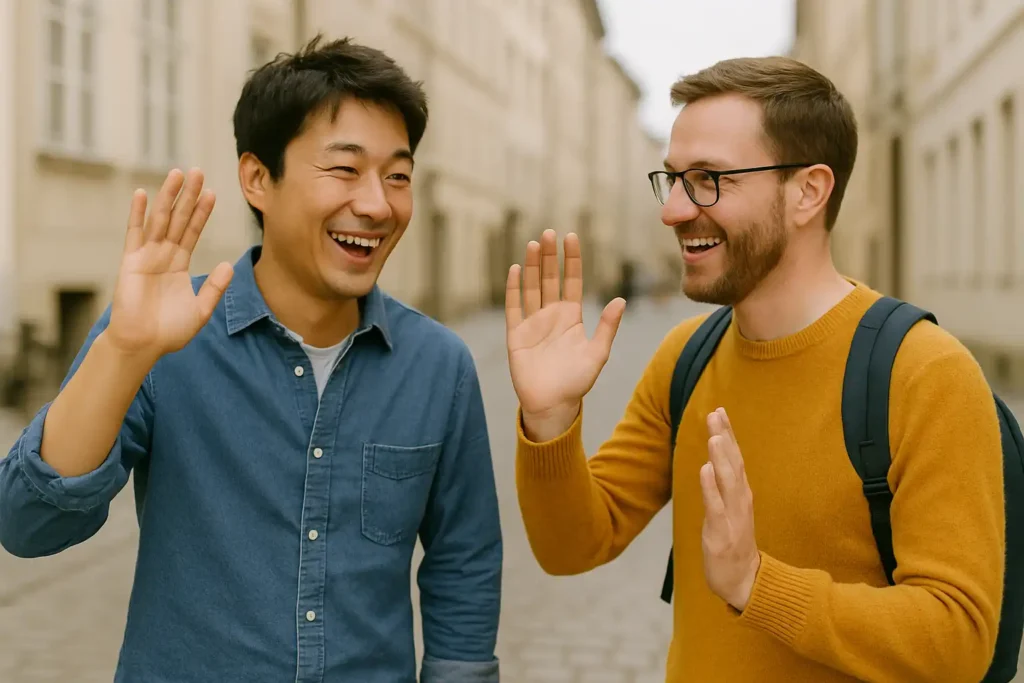 Two men, one Asian and one Caucasian, smiling and raising hands to greet each other on a city street, illustrating polite cross-cultural communication