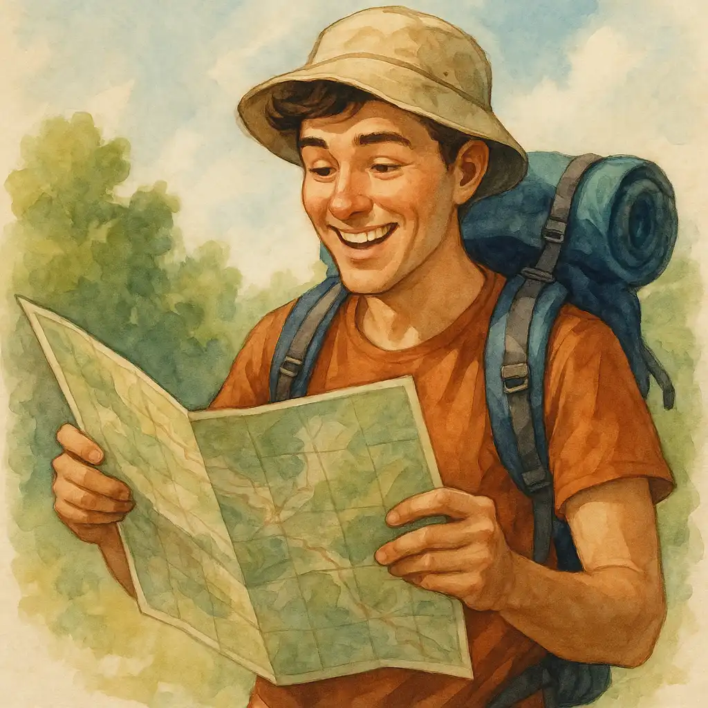 Smiling traveler wearing a backpack and sunhat reading a paper map outdoors, symbolizing preparation and navigation while traveling