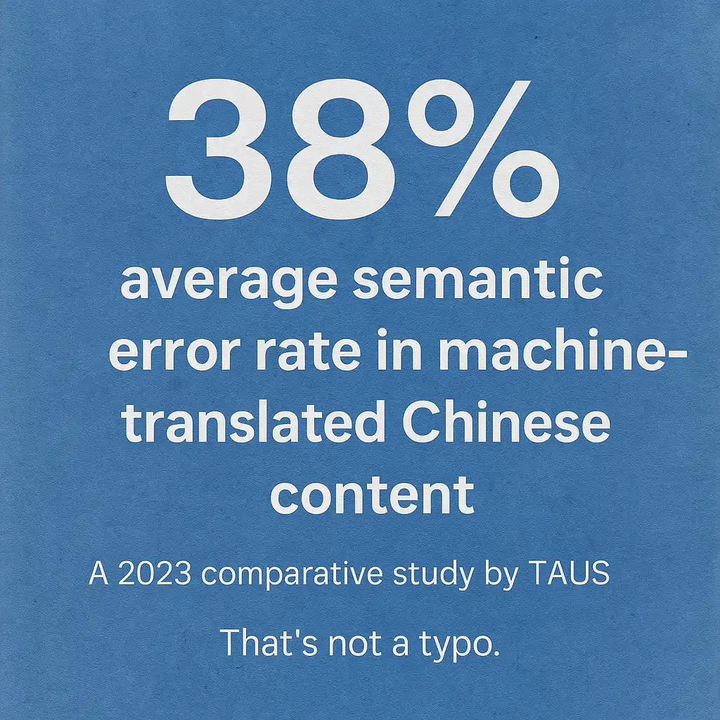 A digital chart illustrating that machine-translated Chinese content had a 38% average semantic error rate in legal and business documents, based on a 2023 TAUS study. The visual emphasizes the high risk of mistranslation when using Google Translate for Chinese.