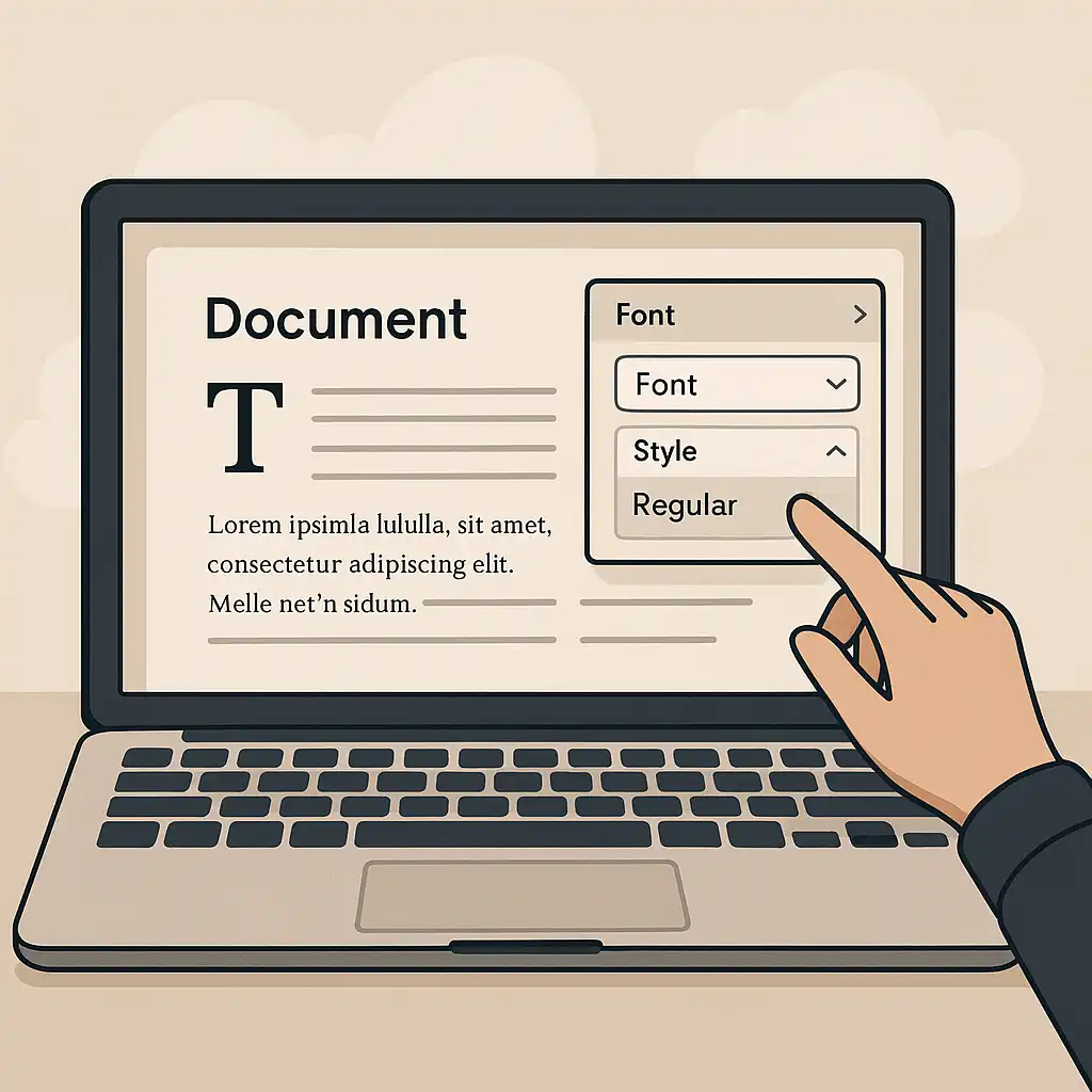 A person selects “Regular” style from the font settings on a laptop screen displaying a Word document. The image illustrates digital font choice and document editing.