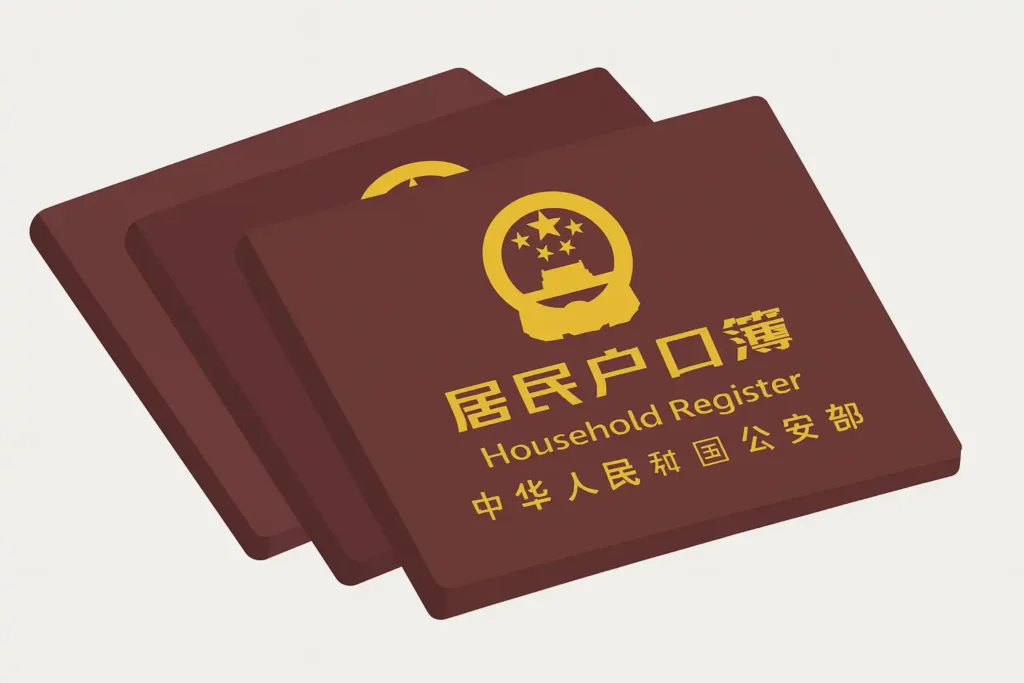 Illustration of a postage stamp featuring a Chinese household registration booklet (户口簿) with the national emblem and gold text reading "居民户口簿" (Household Register) and "中华人民共和国公安部" (Ministry of Public Security of the People's Republic of China), overlaid with a circular postal cancellation mark.