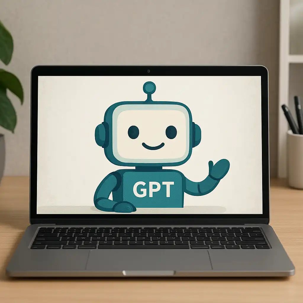 Cartoon robot with GPT on a laptop screen, representing the growing use of AI like ChatGPT in translation.