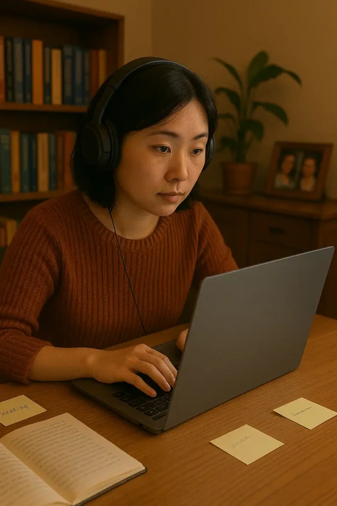 A woman wearing headphones works intently on her laptop, surrounded by papers and books, suggesting professional human translation services