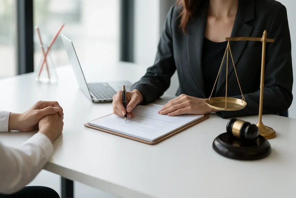 Photo of a woman holding a justice scale, representing legal precision and the importance of using formal Chinese in business or legal translation.
