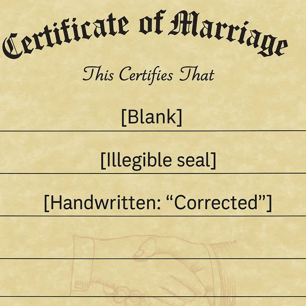 Marriage certificate example with blank fields, illegible seal, and handwritten correction notes, demonstrating what to include in translations