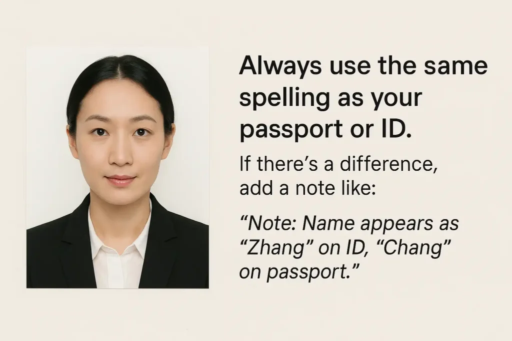 Portrait of a woman with a note reminding readers to use consistent spelling across all IDs and documents.