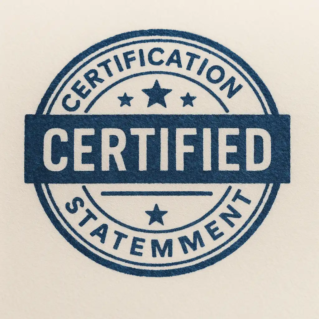 Certified translation seal with a checklist: translator's name, signed declaration, date, and qualifications.