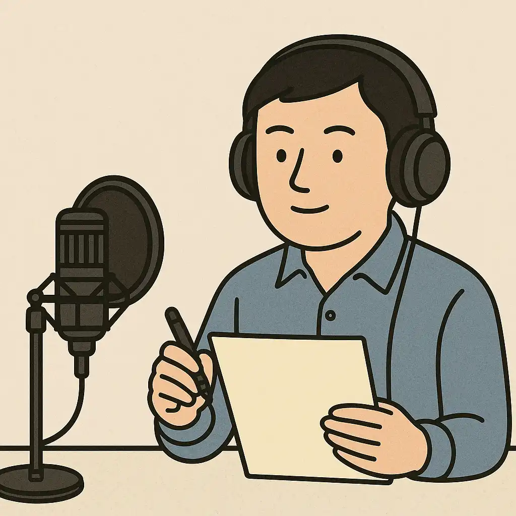 Cartoon of a man in headphones speaking into a microphone and reading from a script, representing native voiceover recording.
