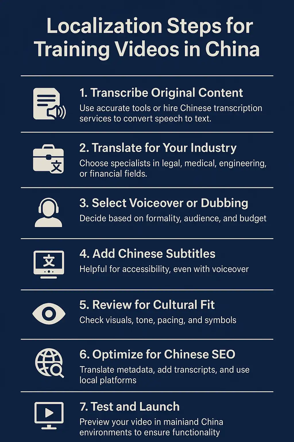 ChatGPT Image 2025年6月6日 12_20_35 Infographic titled “Localization Steps for Training Videos in China” listing steps: Transcribe content and Translate for your industry.