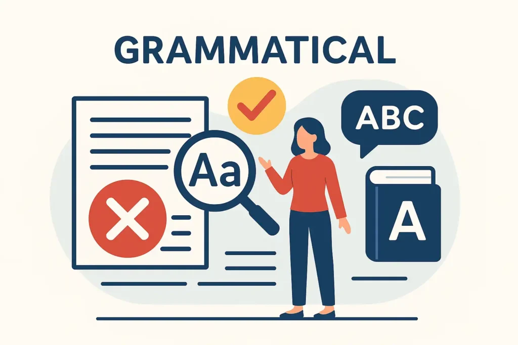 Illustration of a woman checking grammatical errors and letters, representing grammatical gaps in translation.