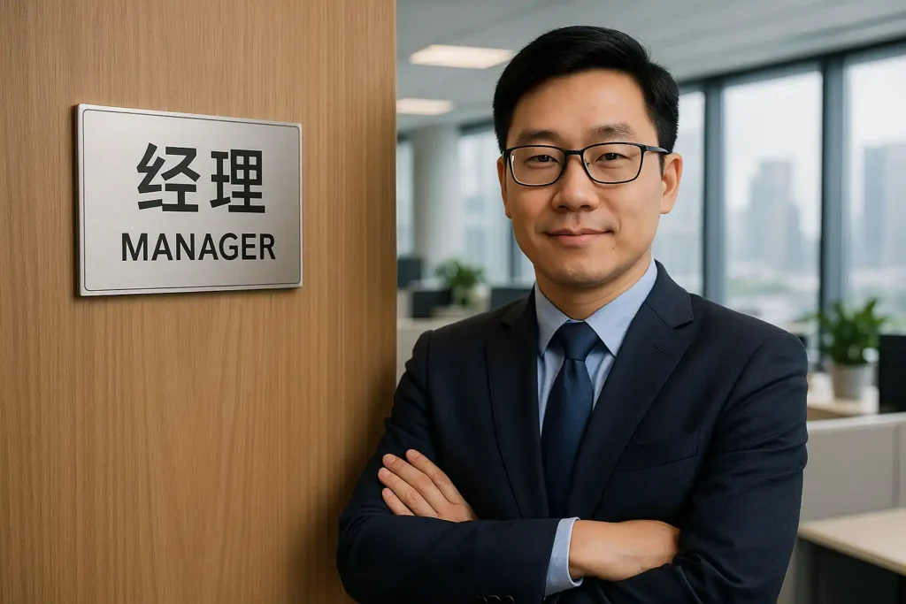 Photo of a professional man beside a bilingual manager sign, emphasizing job title localization.