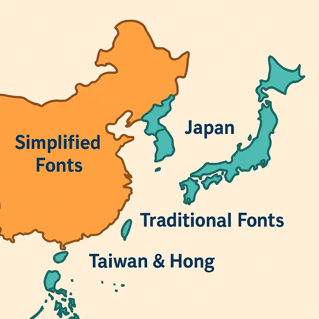 A flat illustration map highlighting regions that use different CJK scripts—Mainland China (Simplified Chinese), Taiwan and Hong Kong (Traditional Chinese), Japan, and Korea—used to explain font usage. Ideal for understanding fonts for Chinese, Japanese, and Korean websites.