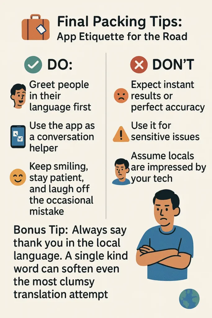 Infographic on final packing tips and etiquette for using translating apps while traveling, showing do’s like greeting locals and using the app as a helper, and don’ts like relying on it for sensitive topics.