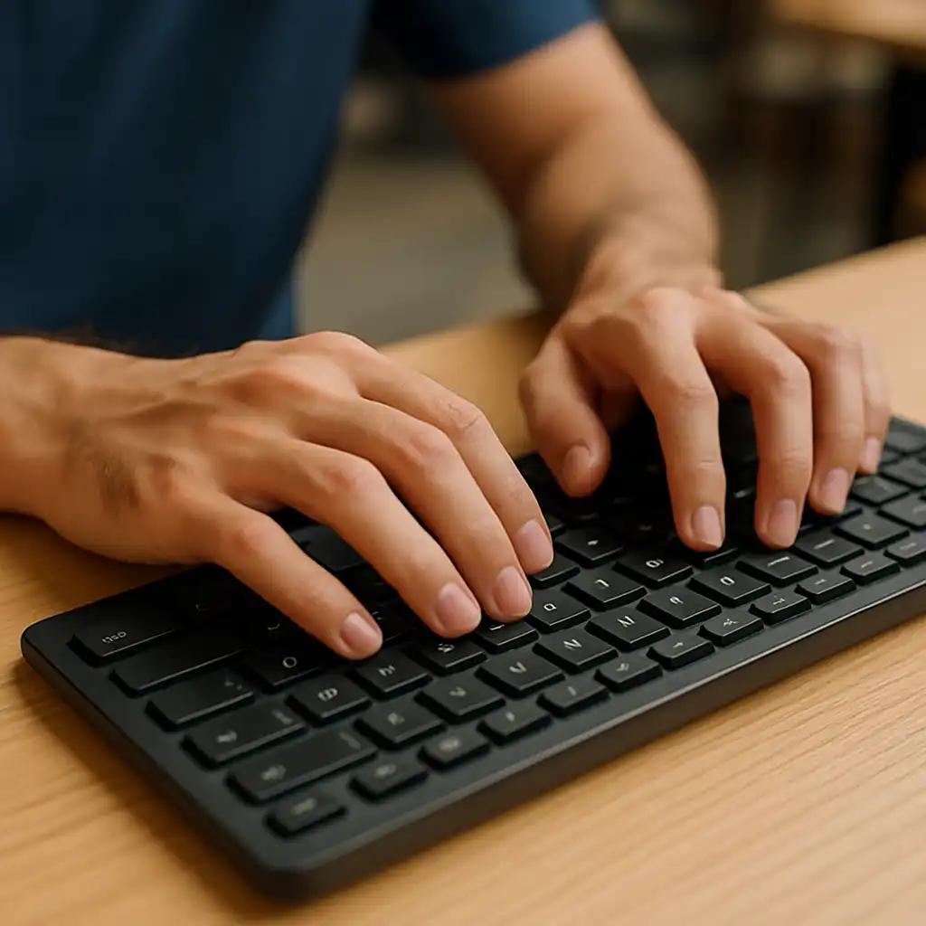 Close-up of hands typing on a keyboard, representing Chinese typing services for converting printed or scanned documents into digital text.