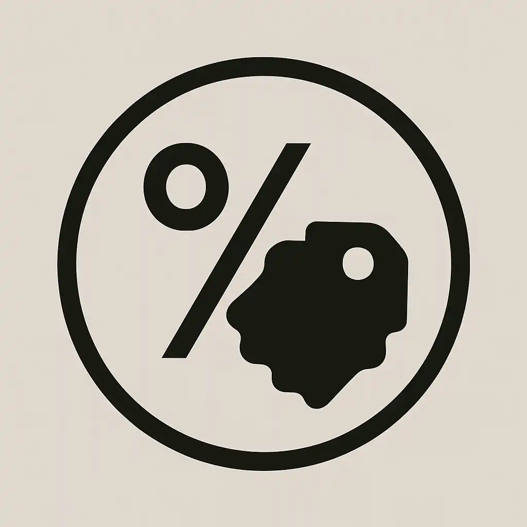 Minimalist black icon combining a percentage symbol and a price tag inside a circle, representing discounts or special offers related to Chinese translation costs.