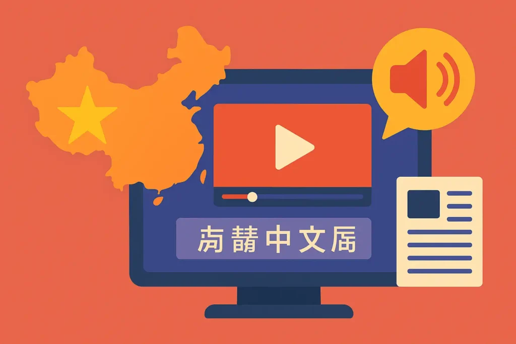 Illustration of Chinese video localization showing a map of China, a video player interface with subtitles, a speaker icon for voiceover, and simplified icons for translated text—symbolizing adapting video content for Chinese platforms.