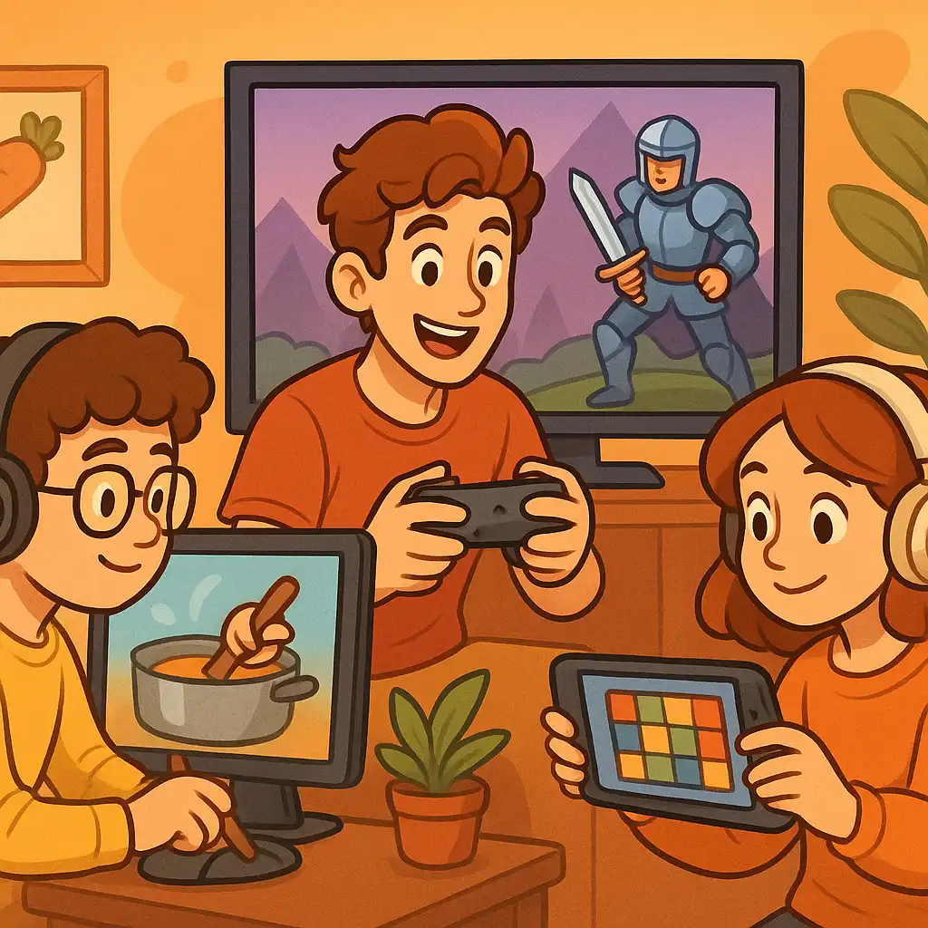 Three young gamers enjoying different types of high-quality mobile and console games—cooking, adventure, and puzzle—illustrating the impact of thoughtful Game Localization for diverse audiences.