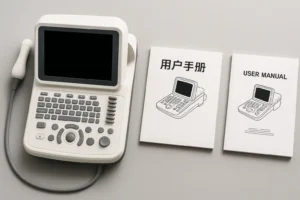 A modern diagnostic medical device with Chinese and English instruction manuals side by side, illustrating the importance of accurate Medical Translation for global compliance.