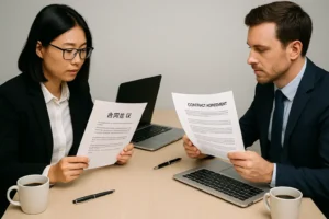 Two professionals in a business meeting reviewing bilingual contract documents in Chinese and English, highlighting the importance of high-quality Translation Services for global business communication.