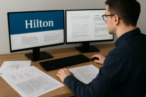 A professional translator working on Chinese translation of a Hilton hotel property improvement plan, using dual monitors and surrounded by engineering diagrams and construction documents.