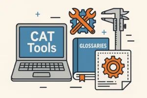 A flat-design digital illustration representing tools used to translate mechanical engineering documents, including CAT tools, technical glossaries, and engineering icons like gears and blueprints.